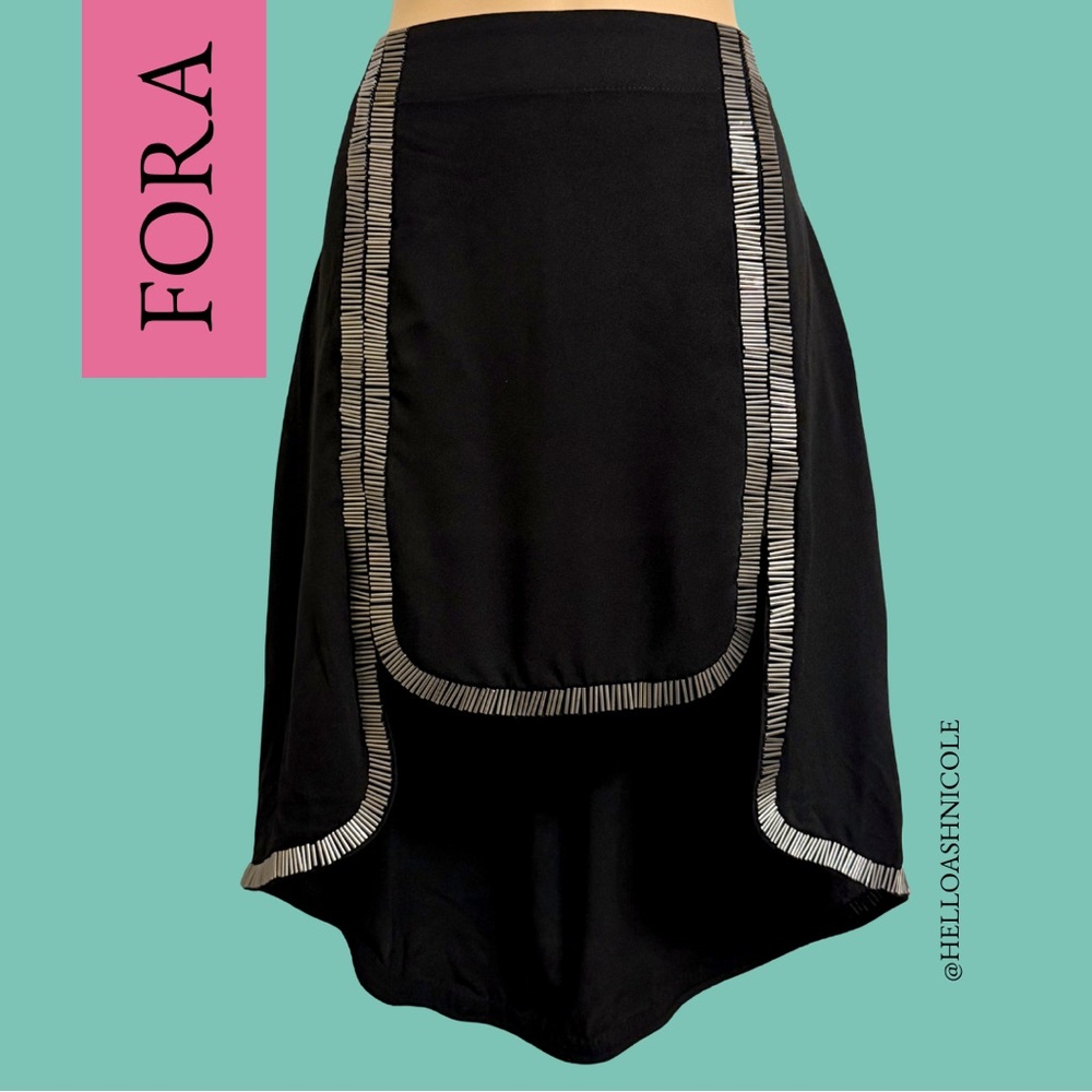 Fora Black with Silver Beaded Metal Trim High-Low Skirt